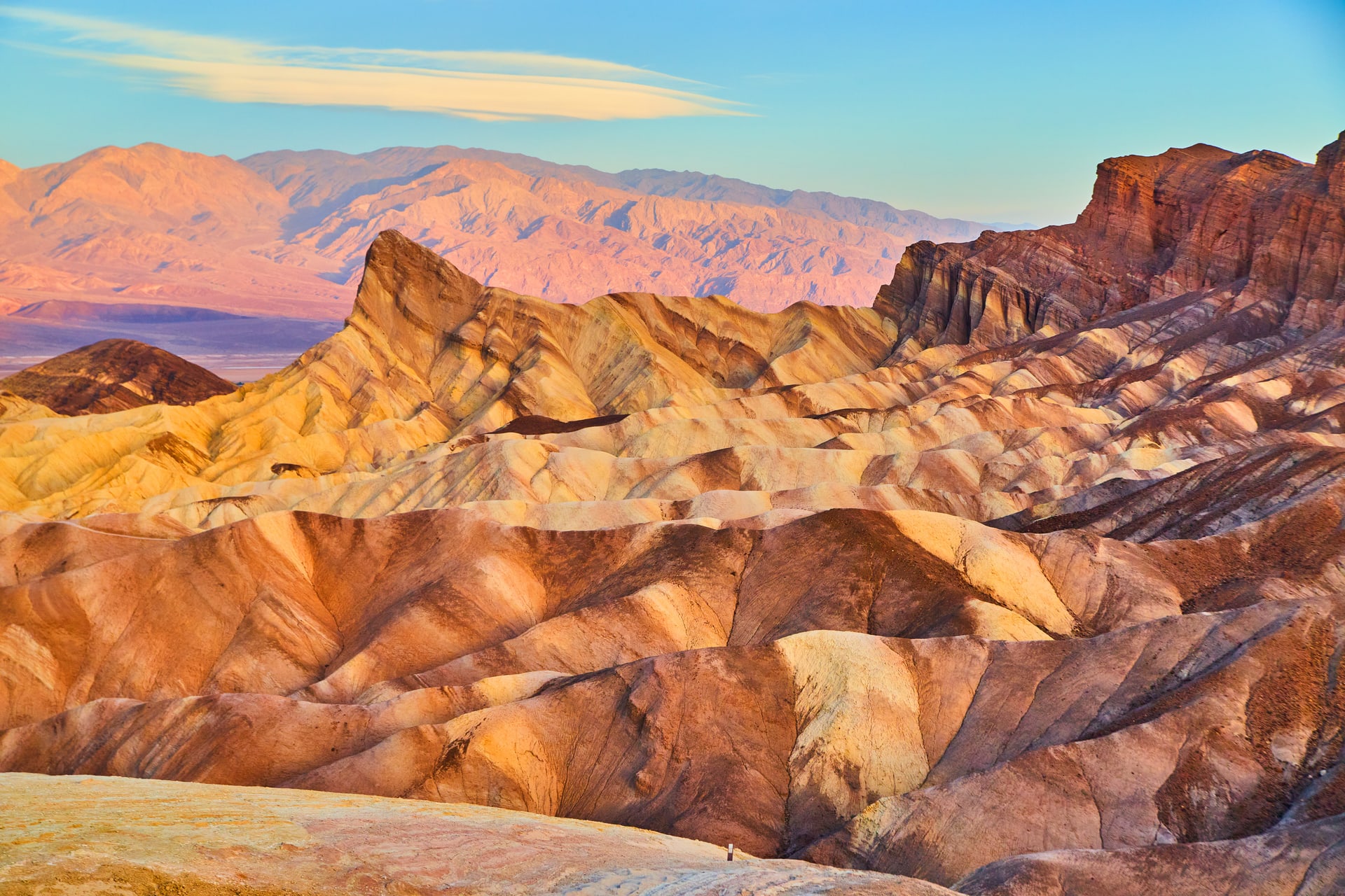 Golden sunrise light on the eroded sediment ridges of Zabriskie Point, Death Valley National Park